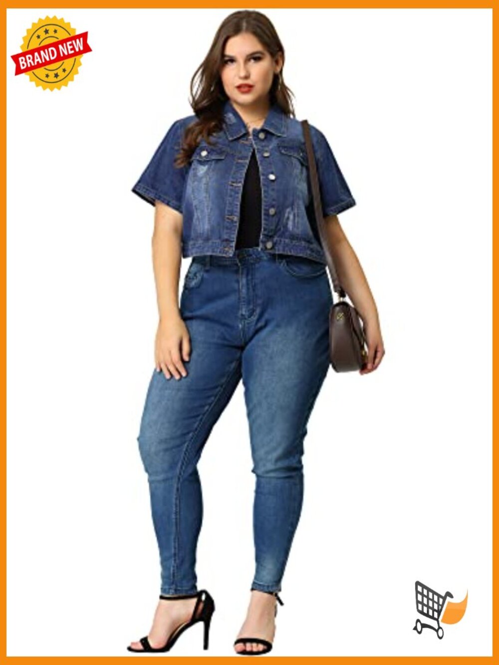 Plus Size Crop Denim Jacket Short Sleeve Button Down - Picture 3 of 7